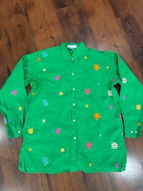 Vintage 90s ‘Casey Coleman’ Women’s Embroidered Floral Print Green Button Up M